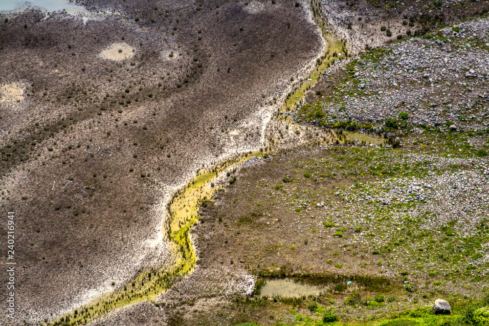 Abstrakte Natur in den Bergen mit grün und braun, vereinzelten Bäumen, Wasser