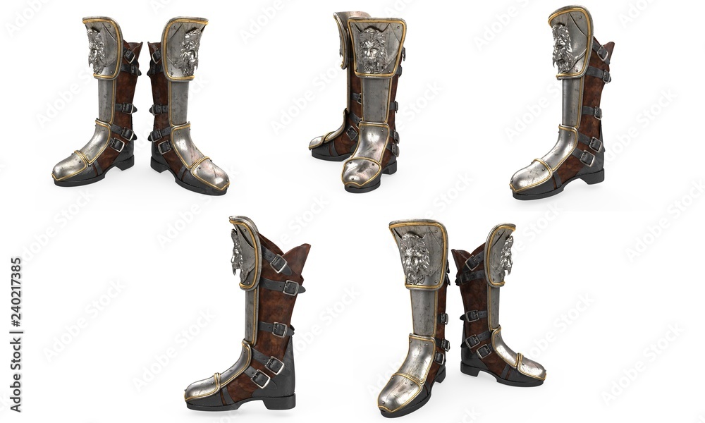 Iron fantasy high boots knight armor isolated on white background. 3d  illustration Illustration Stock | Adobe Stock