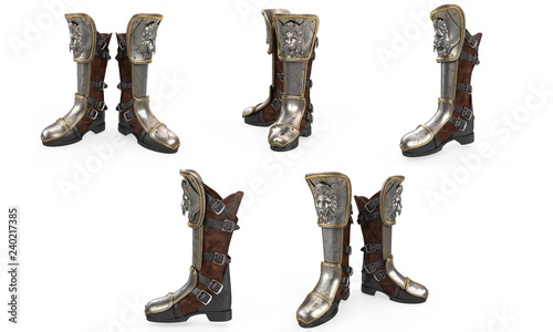 Iron fantasy high boots knight armor isolated on white background. 3d illustration