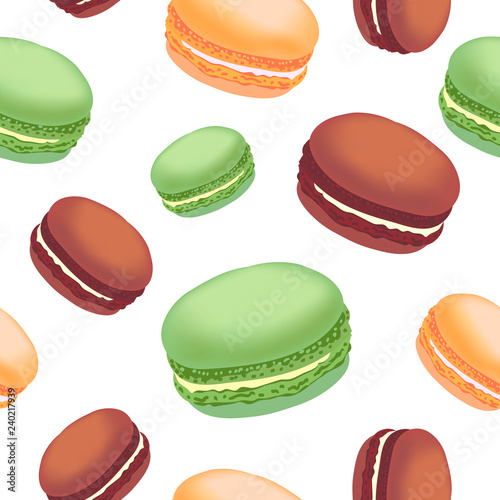 Seamless pattern with colorful macaroon cookies on white background.
