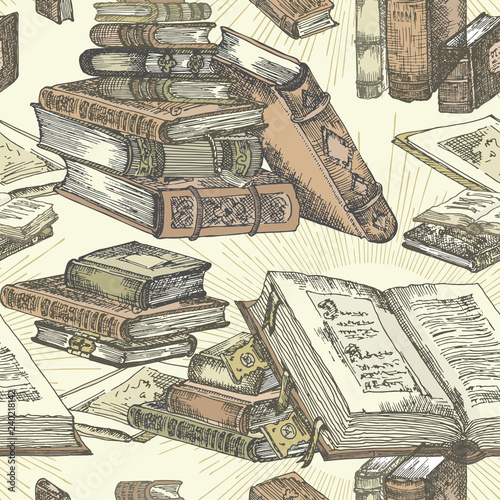 Seamless pattern with hand drawing sketch vintage books for concept design fair or festival flyer, paper, banner, school library, retro poster, bookshop advertising in engraving style