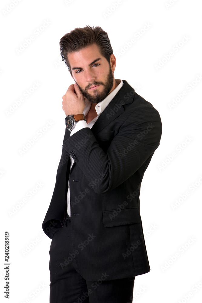 Shot of handsome elegant young man with suit and neck-tie, isolated on white, looking at camera Shot of handsome elegant young man with suit and neck-tie, isolated on white, looking at camera
