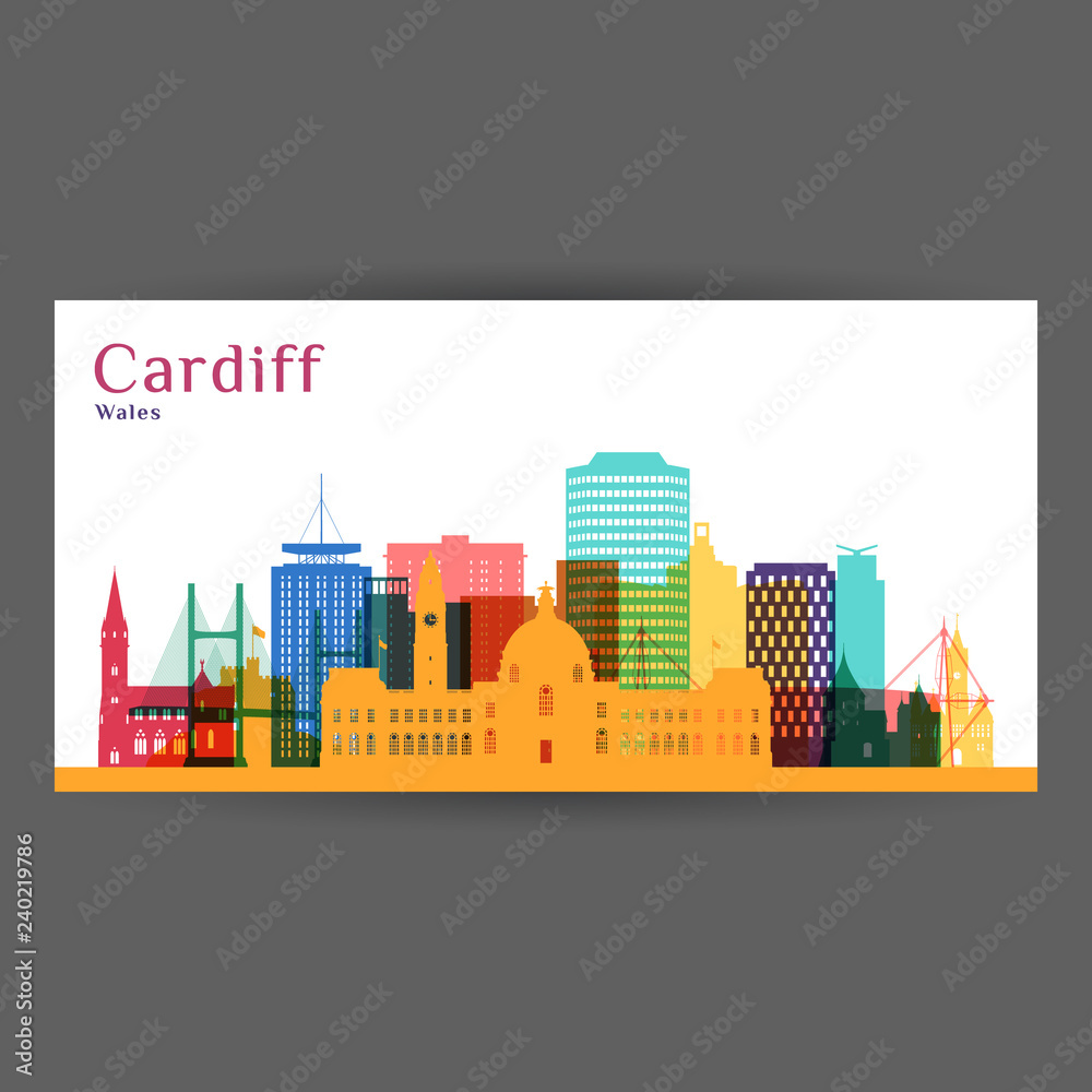 Cardiff city architecture silhouette. Colorful skyline. City flat design. Vector business card.