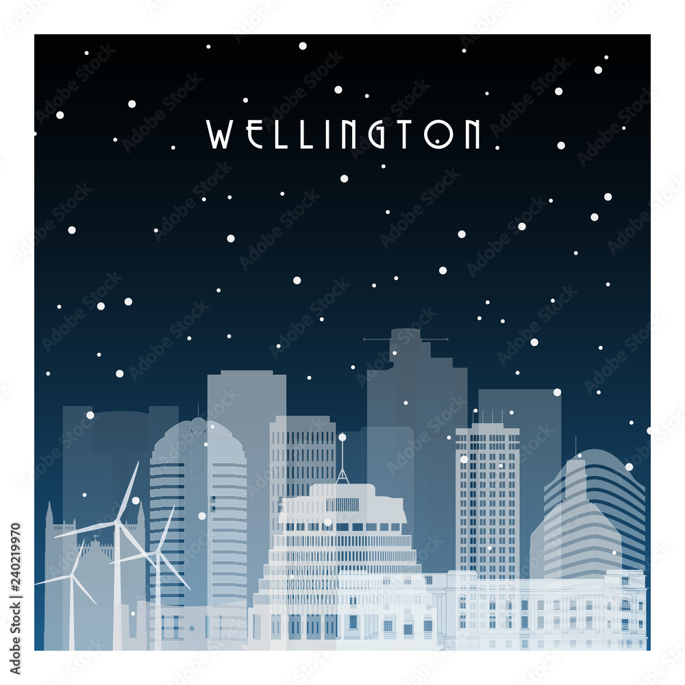 Winter night in Wellington. Night city in flat style for banner, poster, illustration, background.