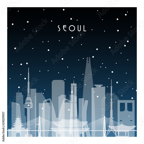 Winter night in Seoul. Night city in flat style for banner, poster, illustration, background.