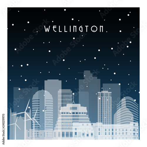 Winter night in Wellington. Night city in flat style for banner, poster, illustration, background.