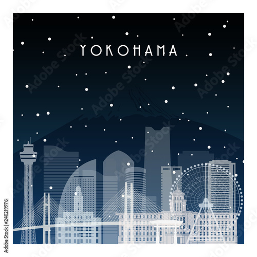 Winter night in Yokohama. Night city in flat style for banner, poster, illustration, background.