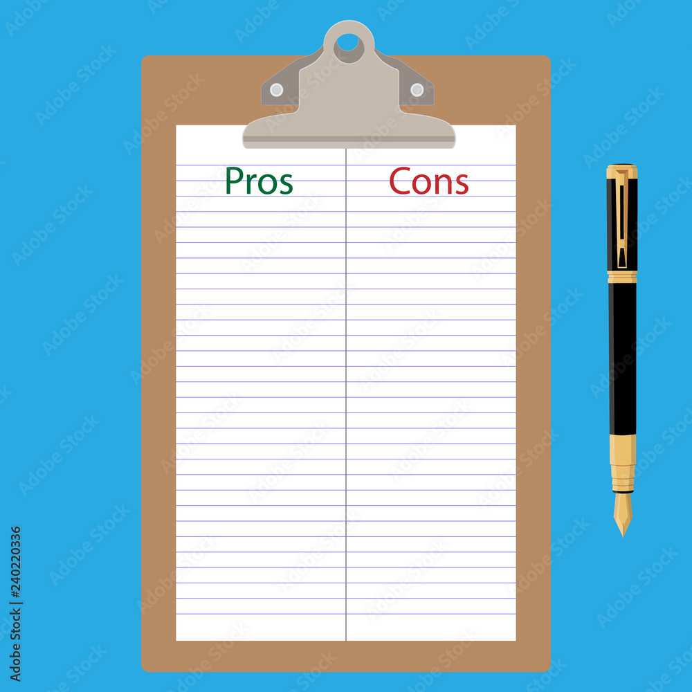 Pros Cons list paper on clipboard with pen. Pros Cons list paper on clipboard with pen.