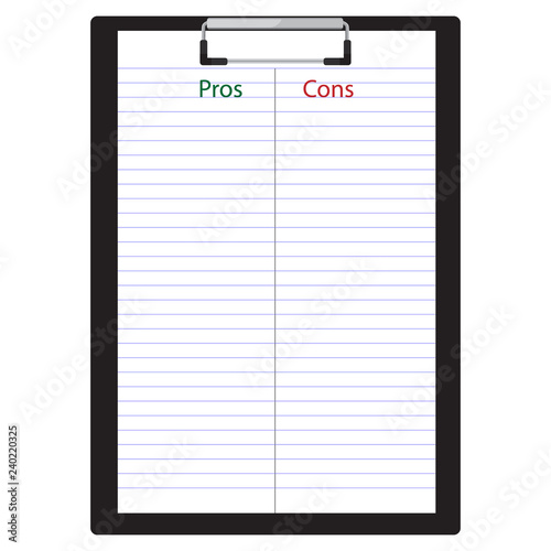 Pros cons concept. Pros Cons list paper on clipboard.