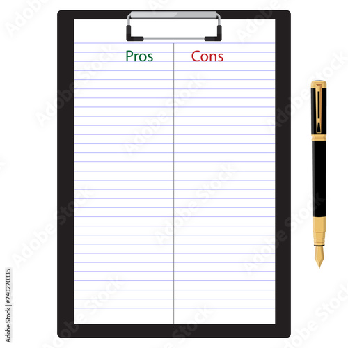 Pros Cons list paper on clipboard with pen.