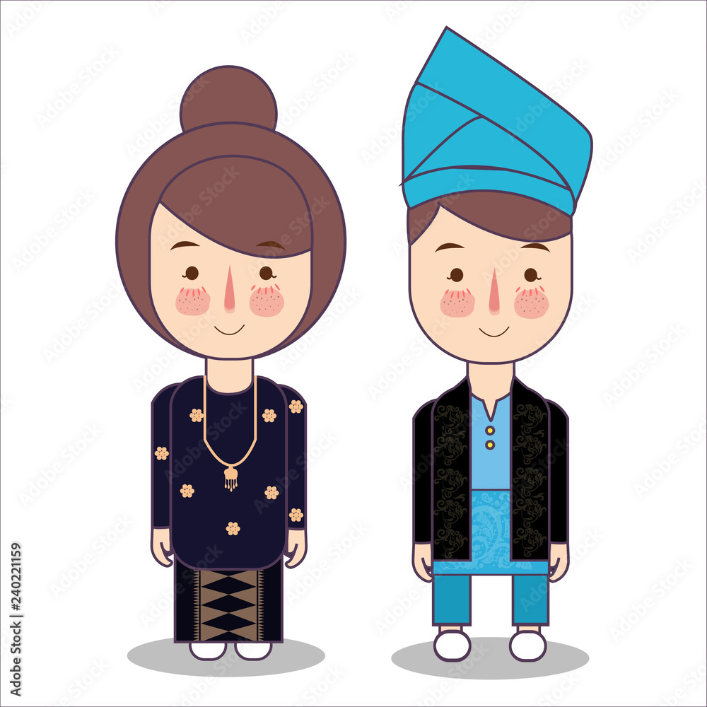 Naklejka premium Malaysia bride and groom cartoon wedding. traditional national clothes. Set of cartoon characters in traditional costume. Illustration vector.