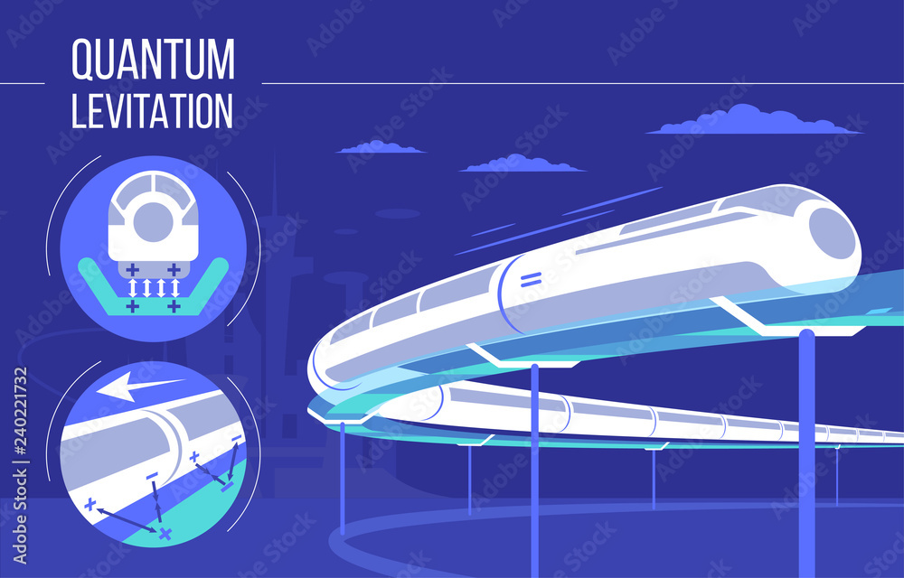 Naklejka premium Szybki futurystyczny pociąg do lewitacji kwantowej. ilustracji wektorowych. Przyszła koncepcja projektu kolei i transportu ekspresowego.