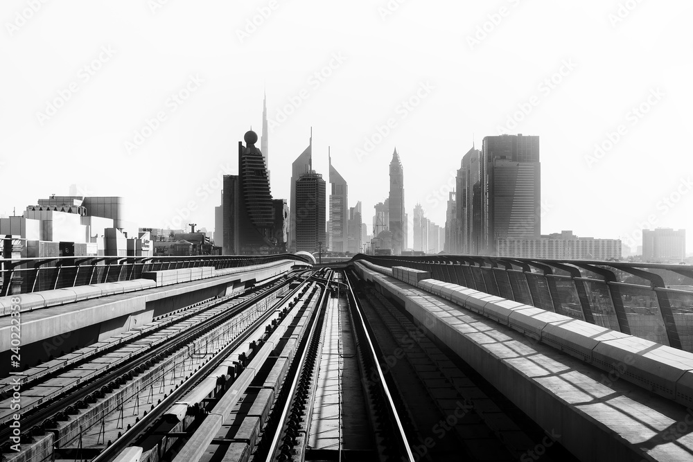 Fototapeta premium Dubai Metro. View of the city. UAE. Black and white photo.