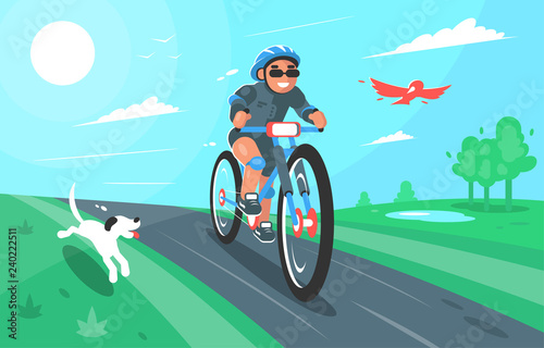 Vector cartoon illustration of a cyclist with dog and bird. Character design. Nature, summer, landscape.