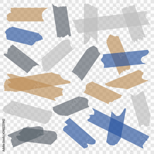 Adhesive tape. Transparent paper scotch tapes, masking sticky pieces glue strips. Isolated vector set