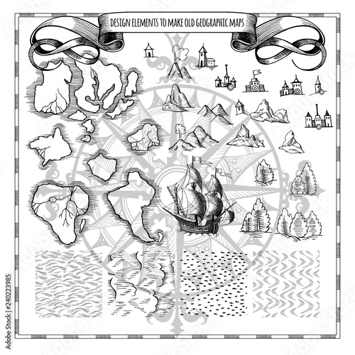 Example design elements to make your own fantasy or treasure maps. Includes city, forest, mountains, sea, waves, ocean. Imitation of medieval drawings. Hand-drawn sketch. Vector