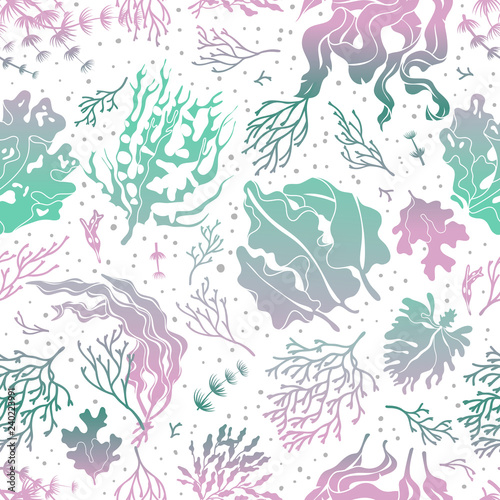 Seaweed seamless pattern. Marine plants silhouette texture. Sea kelp endless vector wallpaper
