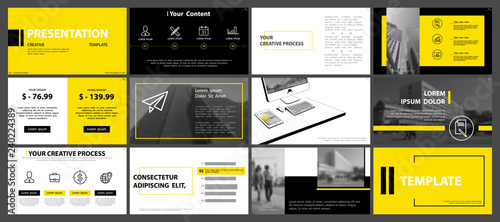 Yellow, black, presentation templates on a white background. Set, elements of infographics. Presentation, leaflet and flyer,corporate report, marketing, advertising, annual report, Vector, headline