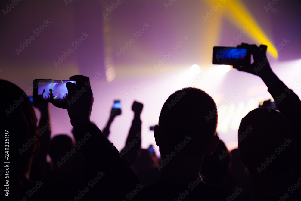 People watching a concert and someone shooting photo and video with a cellphone