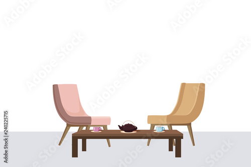 Chairs, tea table, furnitiure, teapot, cups, template for interior, living room, for animation, vector, illustration, isolated, cartoon style
