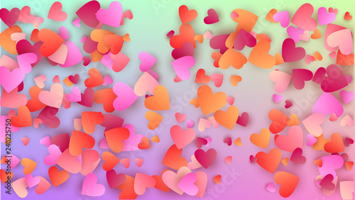 Valentine's Day Background. Invitation Template. Heart Confetti Pattern. Many Random Falling Purple Hearts on Hologram Backdrop. Vector Valentine's Day Background.