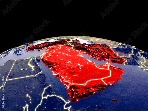 Western Asia from space on planet Earth at night with bright city lights. Detailed plastic planet surface with real mountains.
