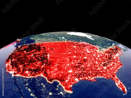 United States from space on planet Earth at night with bright city lights. Detailed plastic planet surface with real mountains.