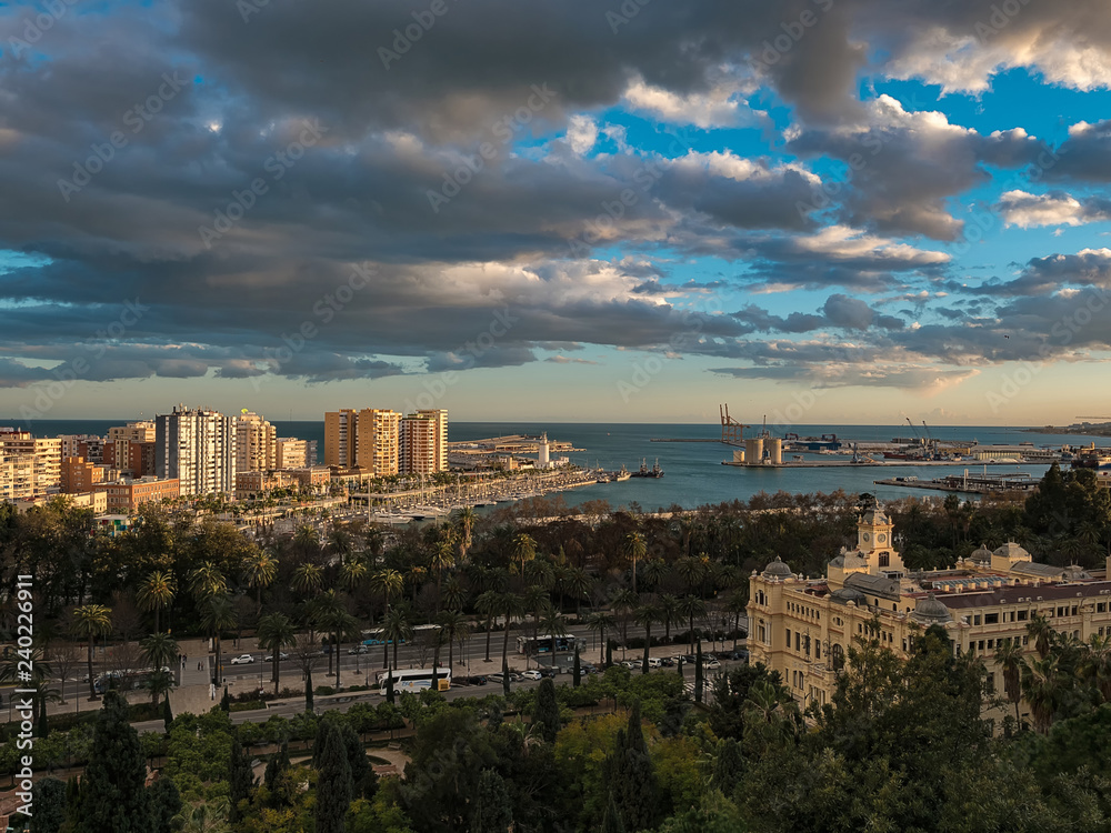 Panorama view of the port of Malaga, Spain at sunset