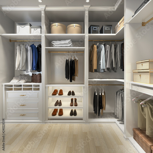 3d rendering luxury scandinavian wood walk in closet with wardrobe photo