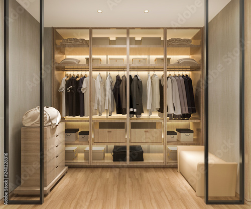 3d rendering luxury scandinavian wood walk in closet with wardrobe photo