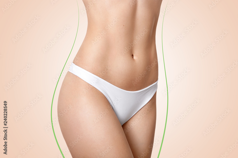 Image of slim womans body shape, has perfect figure, soft skin, green  lines, wears white panties