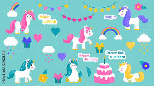 Set of unicorns  birthday party and elements. Cute rainbow  clouds  gifts  birthday cake. Decoration for the nursery. Vector illustration.