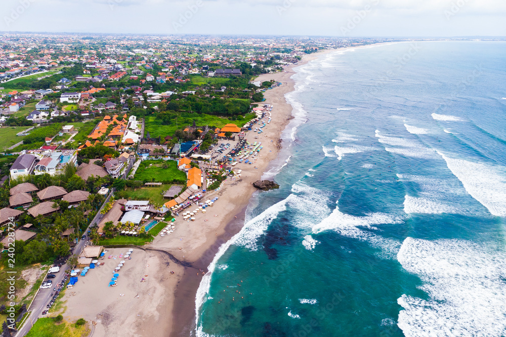 breathtaking aerial view of the tourist and resort beach with hotels and restaurants, Bali, Indonesia
