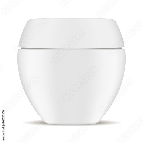 White Skincare Product Jar. 3d Mockup realistic Pot. Plastic Cosmetic Container for Creme, Butter, Spa Scrub, Cream, Facial Gel. Beauty Body Care Moisturizer Bottle. Oval Branding Package.