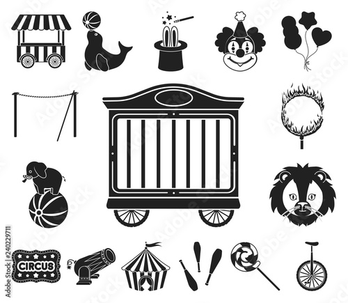 Circus and attributes black icons in set collection for design. Circus Art vector symbol stock web illustration.