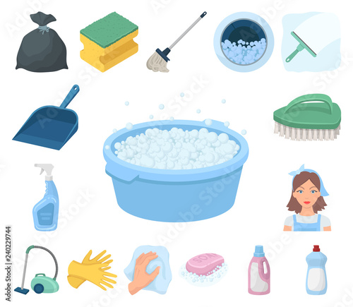 Cleaning and maid cartoon icons in set collection for design. Equipment for cleaning vector symbol stock web illustration.