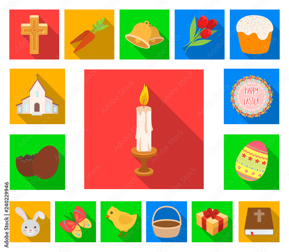 Easter is a Christian holiday flat icons in set collection for design. Easter attributes vector symbol stock web illustration.