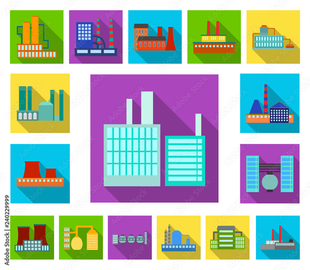Factory and facilities flat icons in set collection for design. Factory and equipment vector symbol stock web illustration.