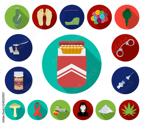 Drug addiction and attributes flat icons in set collection for design. Addict and Drug vector symbol stock web illustration.