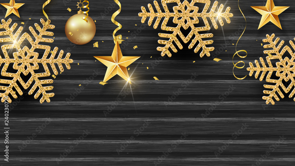 Christmas holiday design with paper cut snowflake style. Exquisite wooden dark background with golden snowflakes. Place for your text. Vector Christmas holiday design with paper cut snowflake style. Exquisite wooden dark background with golden snowflakes. Place for your text. Vector
