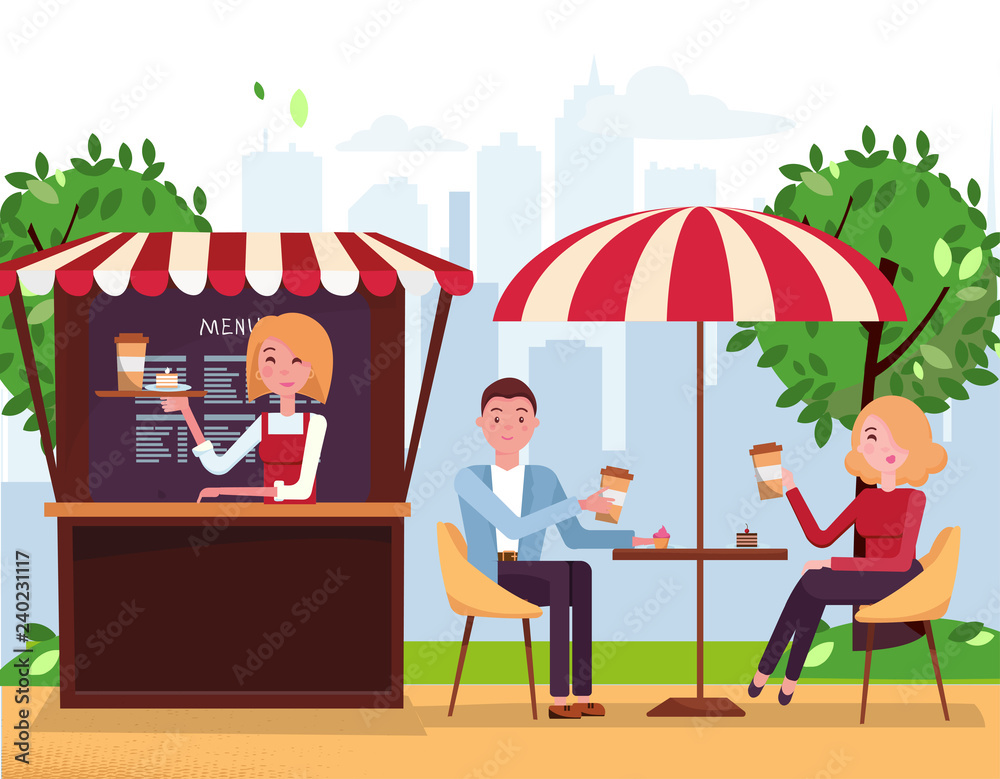 Park cafe with parasol and awning . Couple on weekend date. People Drink Coffe with cakes in Outdoor Street Cafe. Park with outside cafe in urban cityscape with waiter.Flat cartoon vector illustration