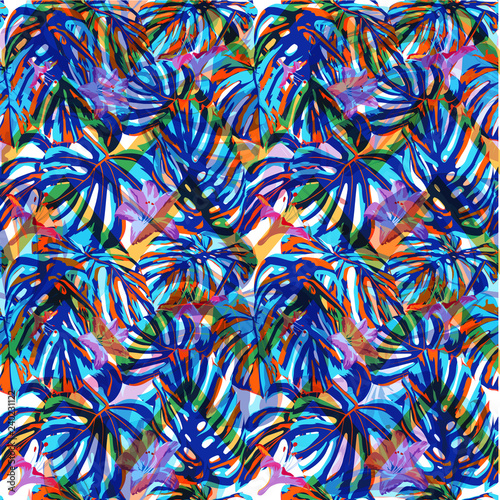 Tropical Print. Exotic Palm Greenery Backdrop. Repeatable Illustration. Summer Design for Swimwear. Vector Tropical Seamless Print.