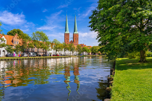 A view of the old town of Luebeck (German: Lübeck), Germany, with the Luebeck Cathedral (German: Dom zu Lübeck, or Lübecker Dom) across the river Trave.