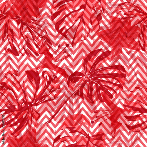 Tropical Flowers. Repeating Illustration. Exotic Palm Greenery Backdrop. Summer Design for Swimwear. Tropical Flowers and Leaves.