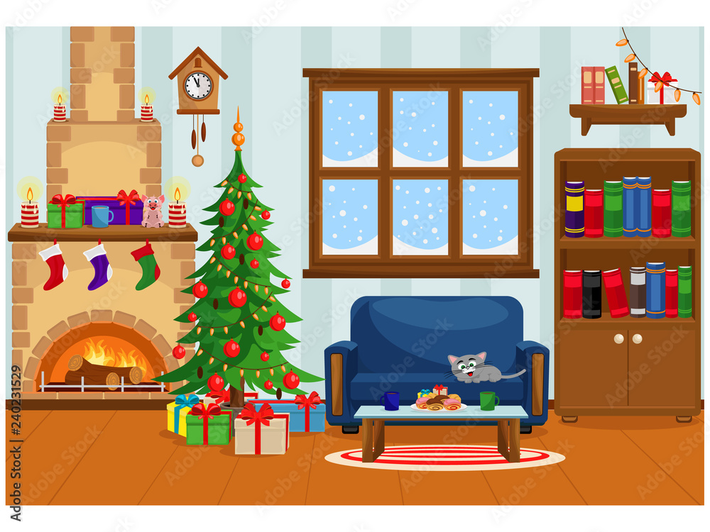 Vector illustration of a decorated room for Christmas and new year with a fireplace, Christmas tree, window, treats and gifts.