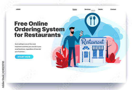 Web page design templates for restaurant reservation, ordering food, view menu, search restaurants. Man stands near the restaurant. Modern vector illustration concepts for website and mobile website