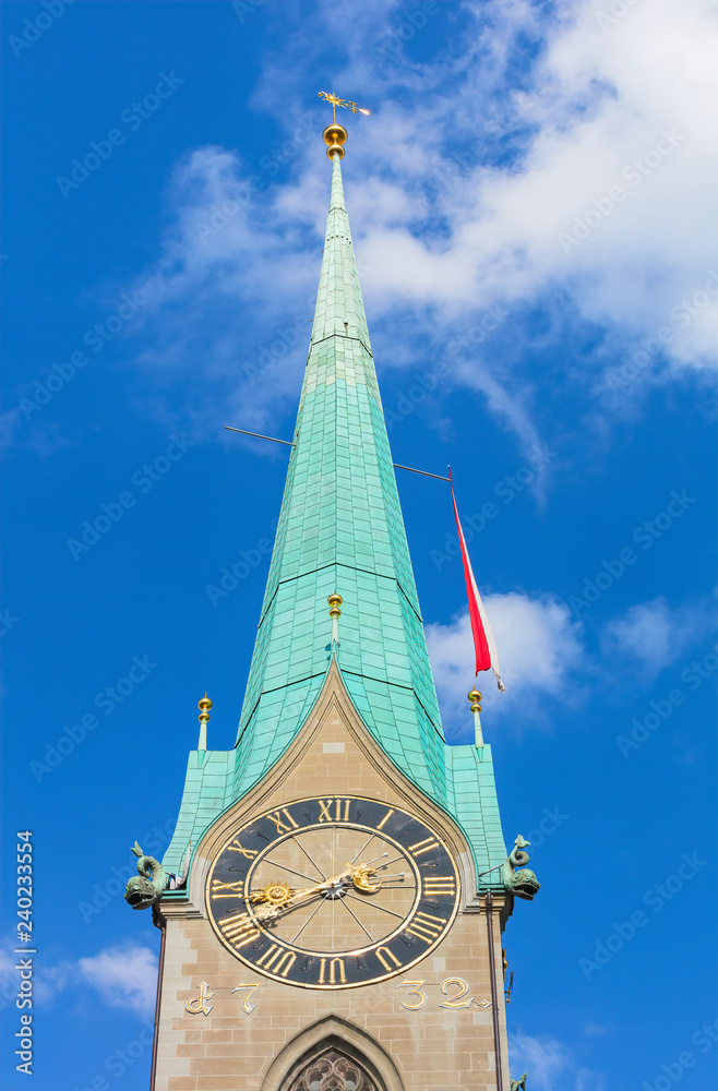 The tower of the Fraumunster cathedral in Zurich, Switzerland - one of the well known landmarks of the city