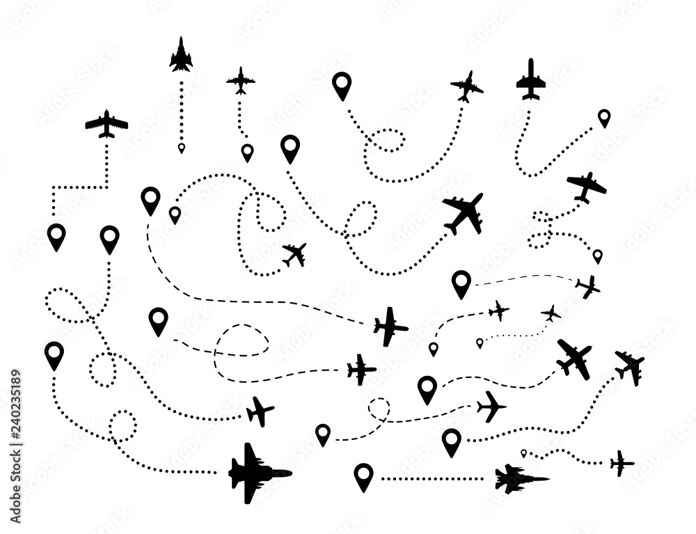 A series of flying airplanes and their flight paths from the departure point. ilustration A series of flying airplanes and their flight paths from the departure point. ilustration