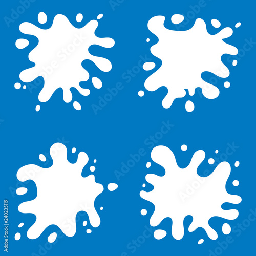 Milk splash blot with drops. Abstract spot on blue background.