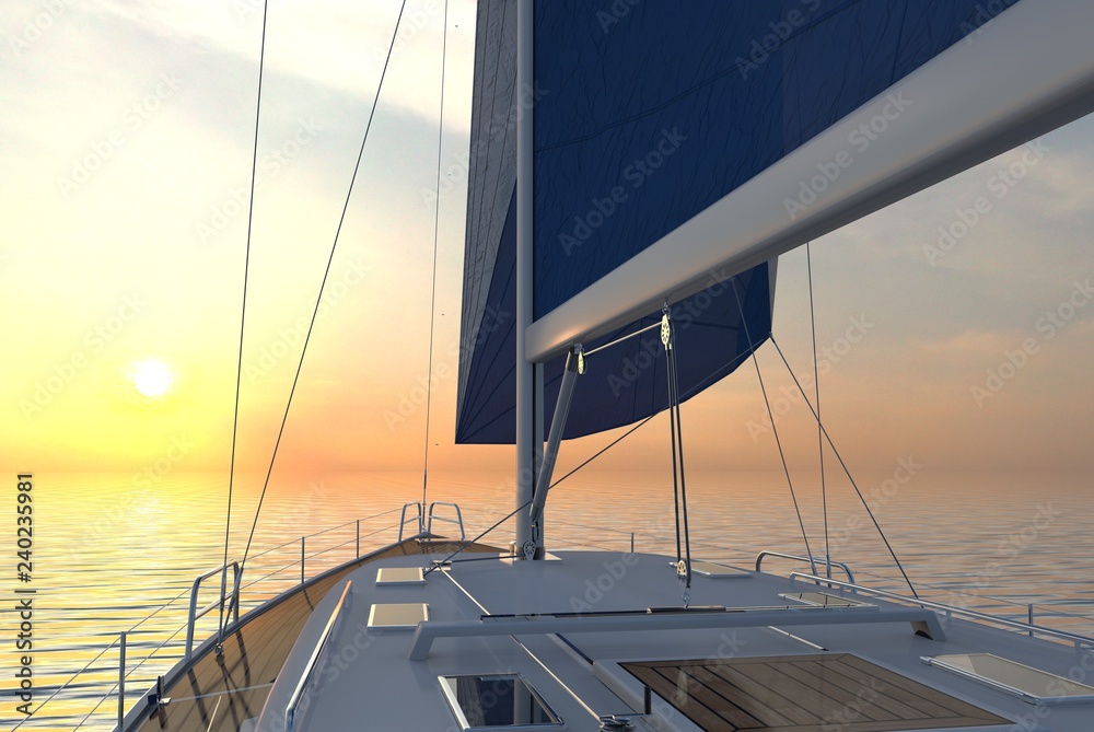 Obraz premium Sailing lboat at open sea towards sunset 3d illustration